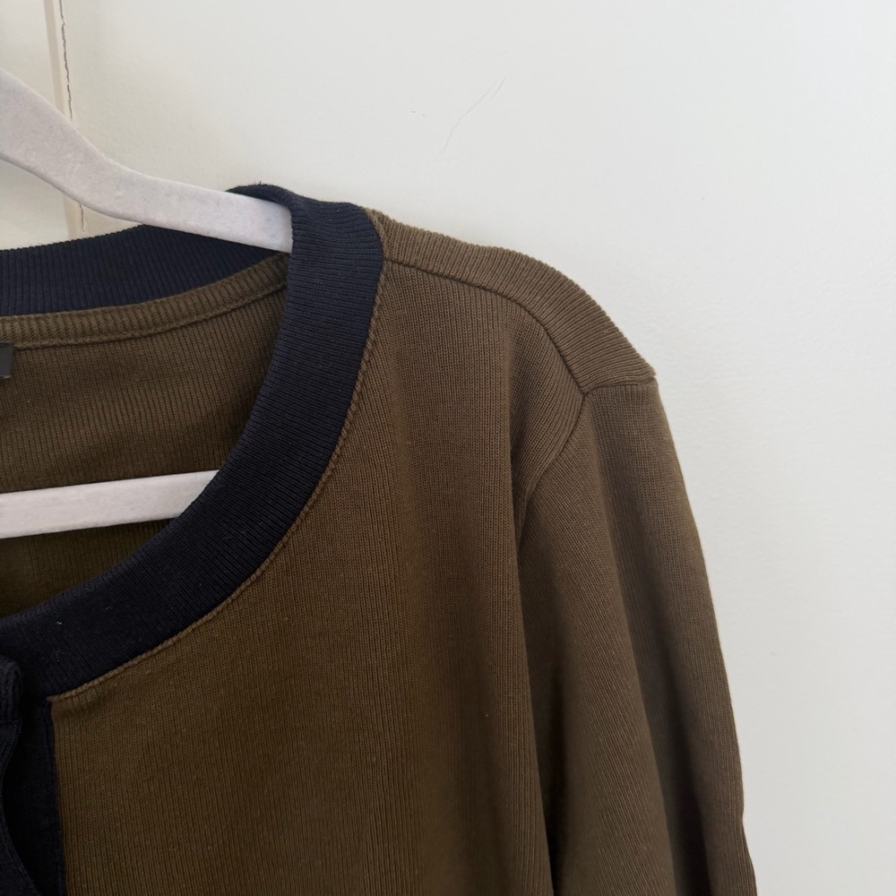 Talbots Cardigan Sweater Gold Button Olive Green Navy Trim 100% Cotton Preppy XL - Picture 4 of 7